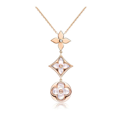 [AW]COLOR BLOSSOM LARIAT NECKLACE ROSE GOLD WHITE MOTHER PEARL AND DIAMOND
