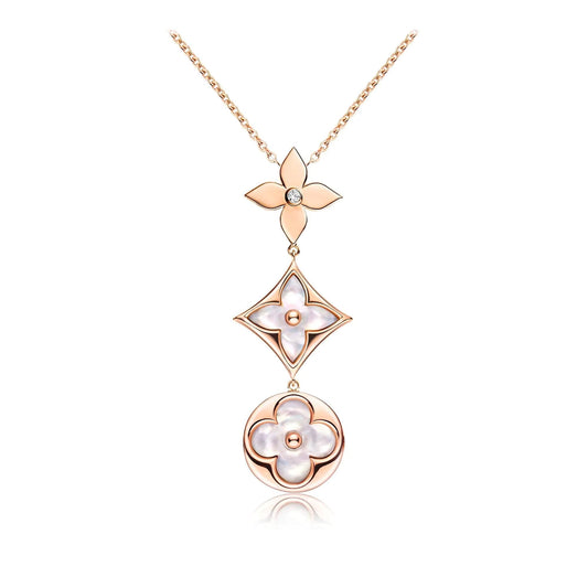 [AW]COLOR BLOSSOM LARIAT NECKLACE ROSE GOLD WHITE MOTHER PEARL AND DIAMOND